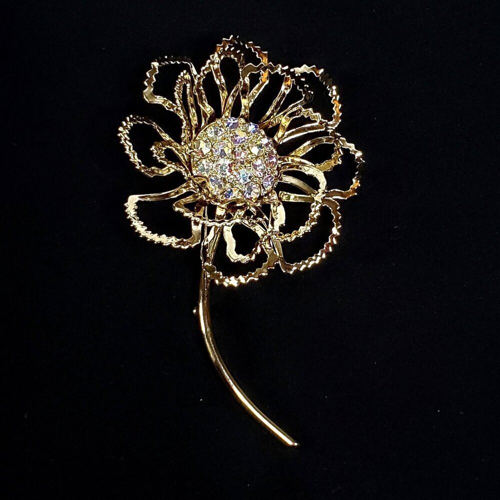 VTG Sarah Coventry Gold-Tone "Allusion" Filigree Flower Brooch Rhinestones 1968